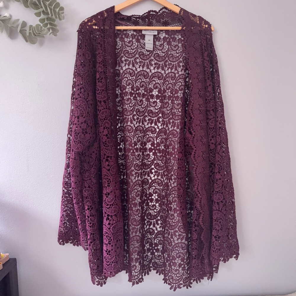 Catherines Womens 2X Burgundy Floral Lace Open Front Cardigan Kimono Layering